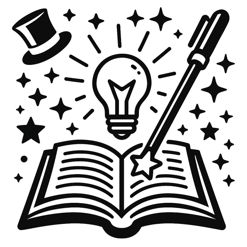 Make Believe Magic logo: open book, wand, top hat, and a shining idea bulb